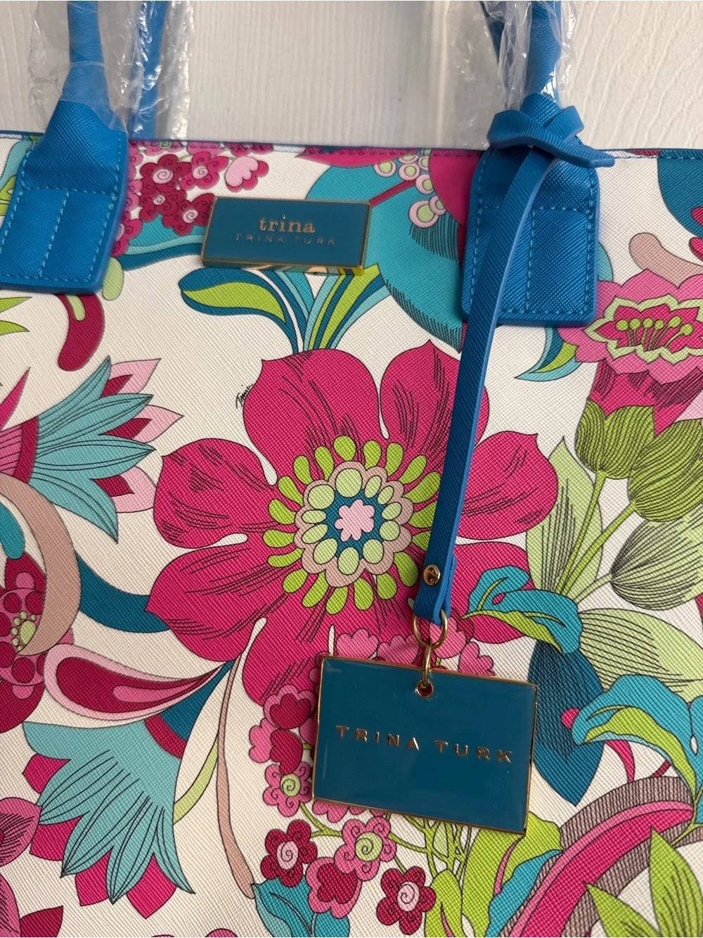 Trina Turk Multicolor Floral Tote with Blue Trim